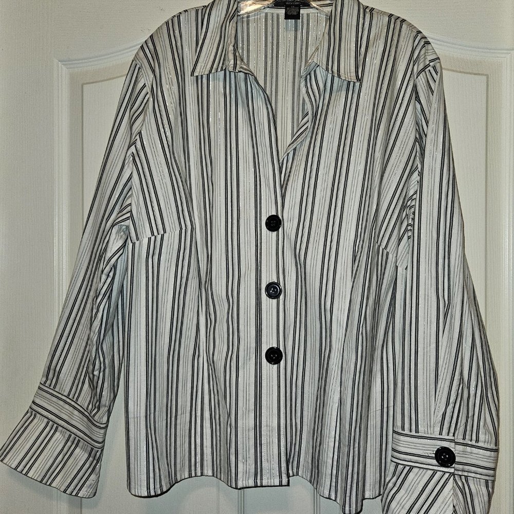Spencer Jeremy Size 2X Shirt Blouse Striped Black White Button Up